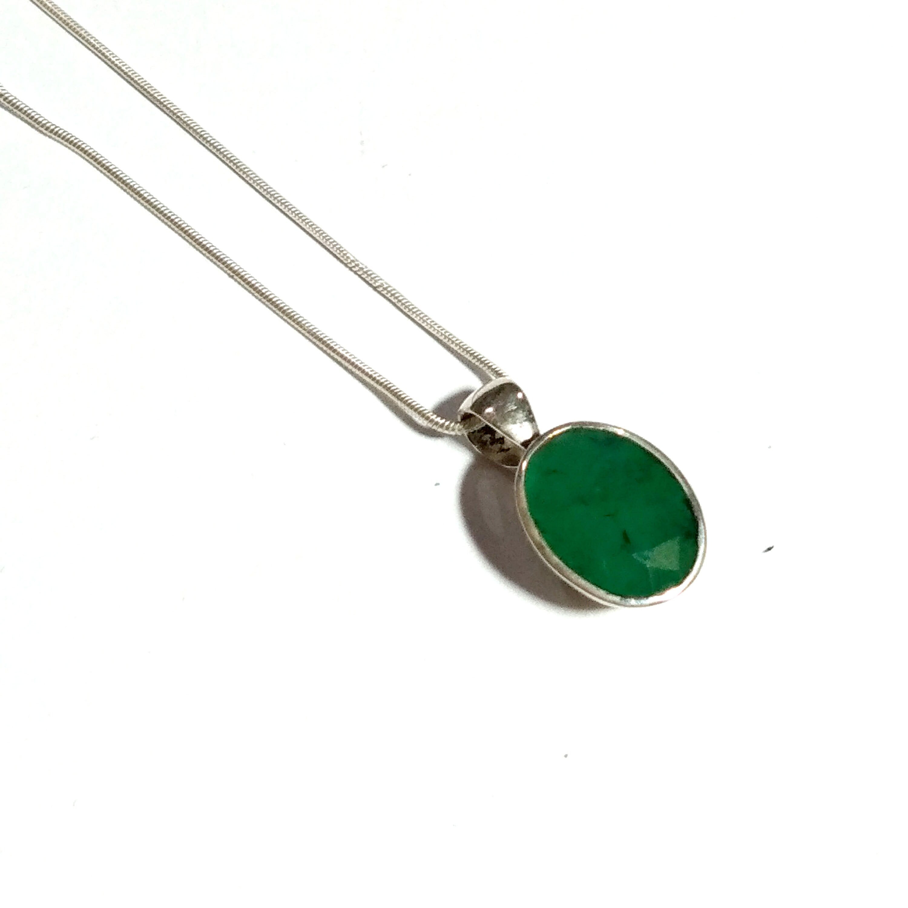 Amazing Natural Emerald Faceted Stone Pendant Chain Necklace, A+++ Emerald Gemstone 925 Solid Sterling Silver Pendant for Gift Chain Jewelry